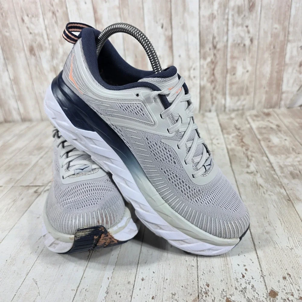 Hoka One One Bondi 7 Womens 8 Grey Blue Running Shoes 1110519 LRBI Sneaker